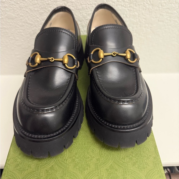 Gucci Black Leather Loafers with Gold Buckle - Picture 2 of 3